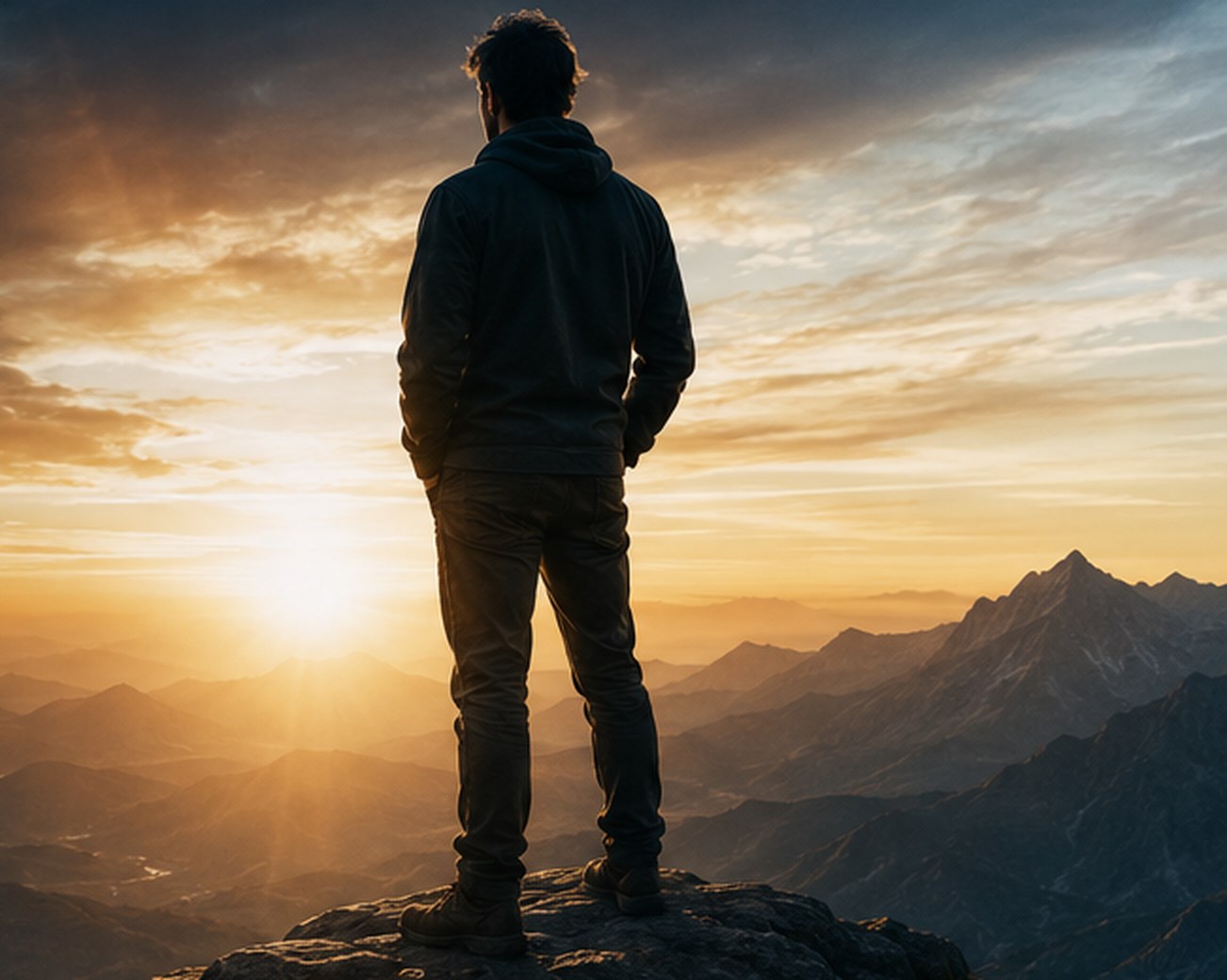 A person standing on a rocky overlook facing a sunrise across a mountain range.